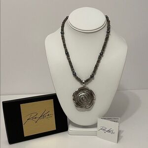 Roz Kwan Mother Of Pearl Rose Pendant on Labradorite Square Cut Bead Necklace